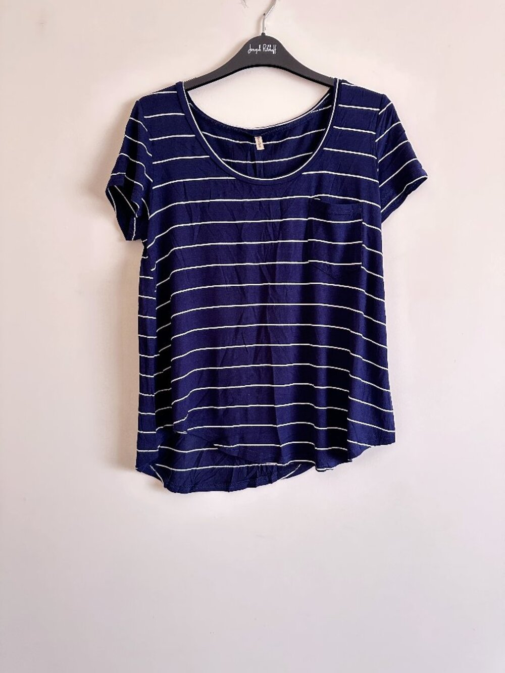 Navy Short Sleeve Striped Asymmetrical Hem Lightweight Thin T-Shirt